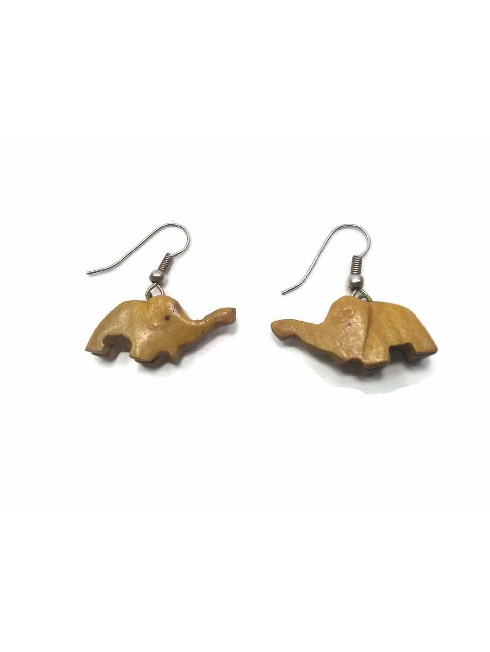 Very Cute Little Hand Carved Vintage Wooden Dangle Elephant Earrings.